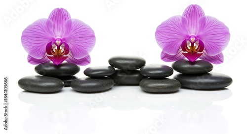 Purple Orchids on Black Stones for Spa and Wellness Concept