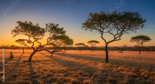 Brazilian Cerrado Sunrise Landscape with Ipê and Pequi Trees