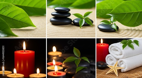 Spa Elements Collage Candles Stones Leaves Towels