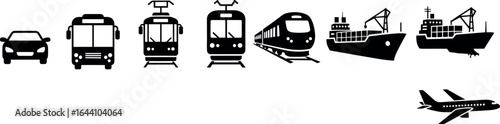 Transportation icon set, car, bus, tram, train, ship, airplane, travel and logistics symbols, public transport, cargo, vector design