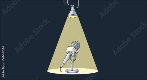 A stylized realistic vector illustration of a classic press microphone under a spotlight. Rendered with clean, minimalist lines to represent professional interviews and serious press conferences.