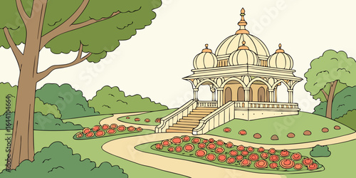 Vector illustration of an old orthodox church with a dome and cross in a city park under a bright sky