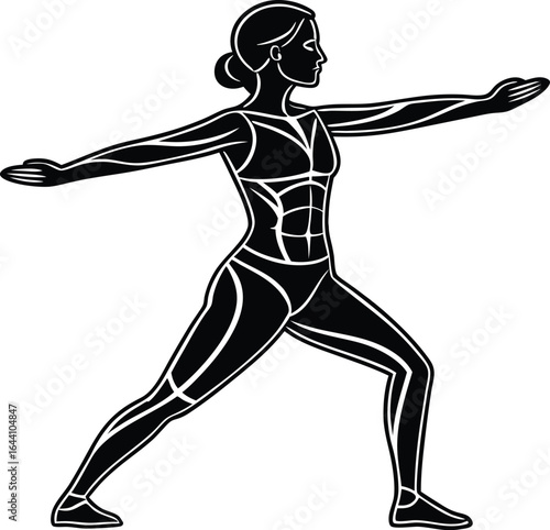 Black and white illustration of a woman in a yoga pose female warrior