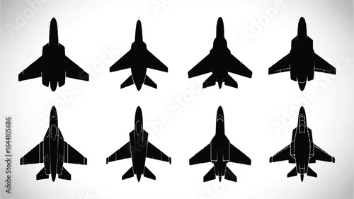 Set of Black Silhouette Fighter Jets Isolated on White Background for Aviation Military Concepts and Aerodynamics Studies High Quality Vector Illustration