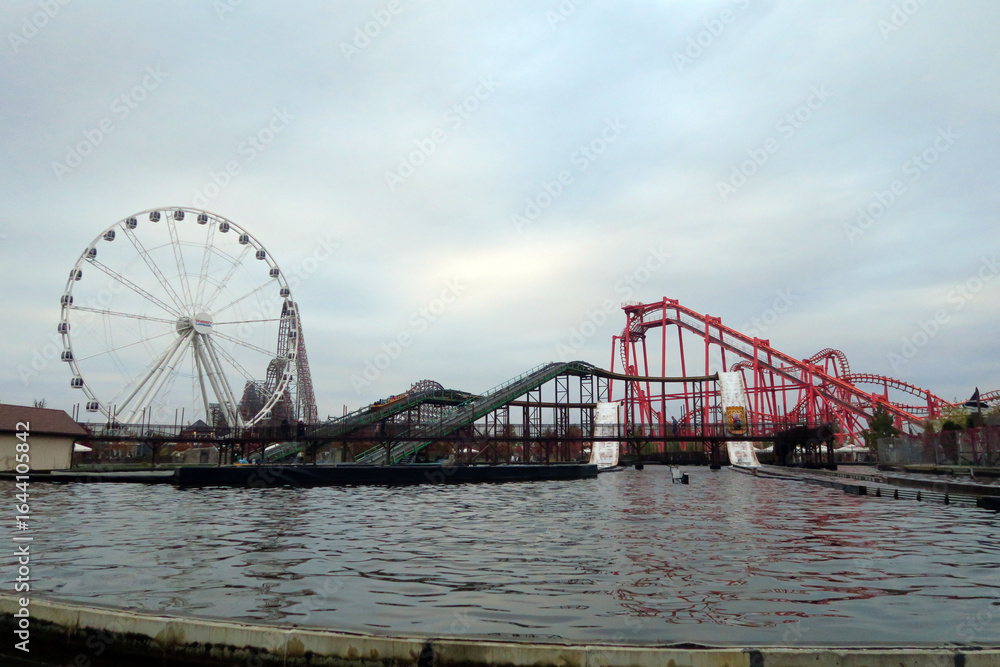 Naklejka premium Zator, Poland. Energylandia is an amusement park and the largest in the country. The park has one of the highest roller coaster counts of any theme park in the world.