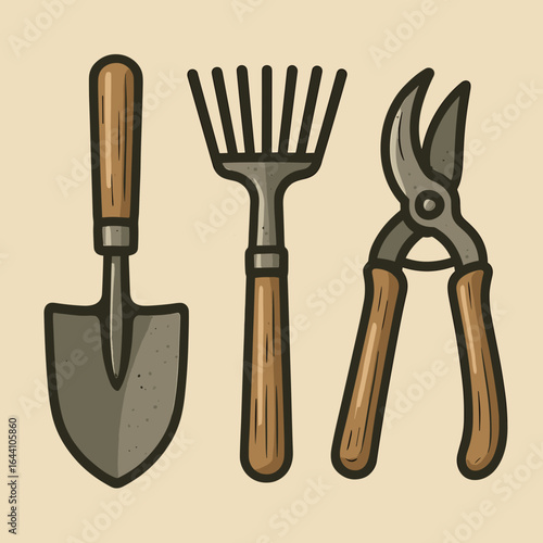 🔹Title
Gardening tools set with shovel, rake, and pruner on light background