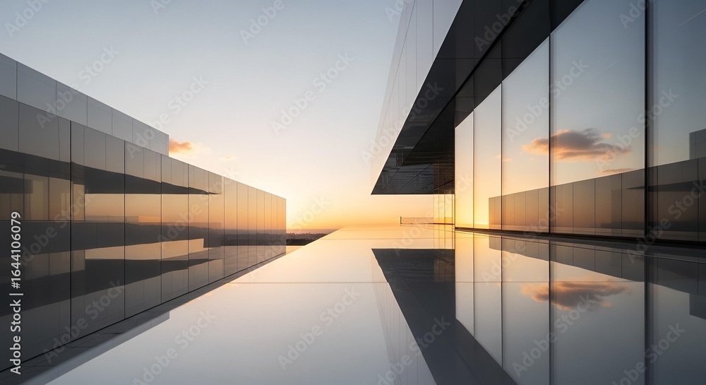 Fototapeta premium Modern architectural reflection at sunset