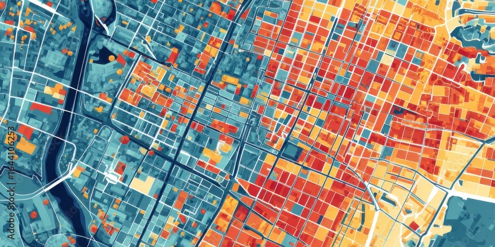 Naklejka premium Colorful urban map showcasing city layout with varied land usage and zoning information
