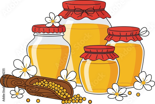 Illustration of honey jars with flowers and wooden spoon seeds