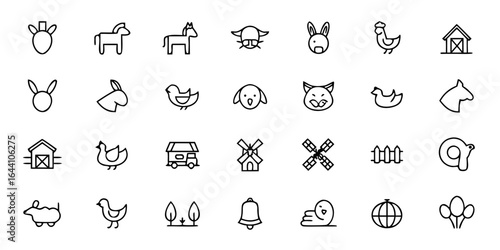Traditional Farm Animals & Rural Life Vector Bundle – Minimalist Line Art Horse, Cow, Goat, Sheep, Pig, Chicken, Duck, Turkey, Ox, Barn, Plow, Fence, and Windmill – Agriculture Icon Set