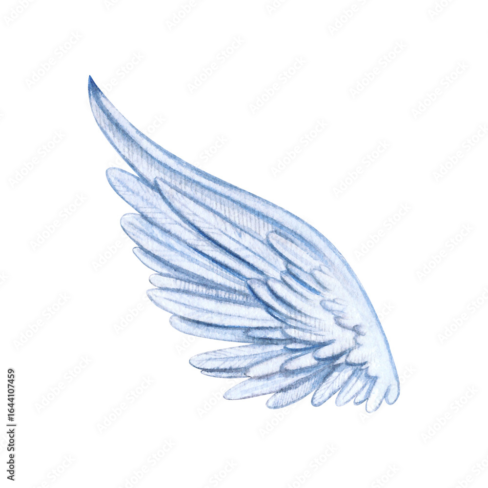 Fototapeta premium Watercolor illustration of a delicate blue angel wing on a white background, hand-painted in boho style. Perfect for nature art, decor, prints, and design projects.