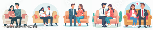 Flat Style Happy Expectant Couple Sitting on Couch Illustration Set