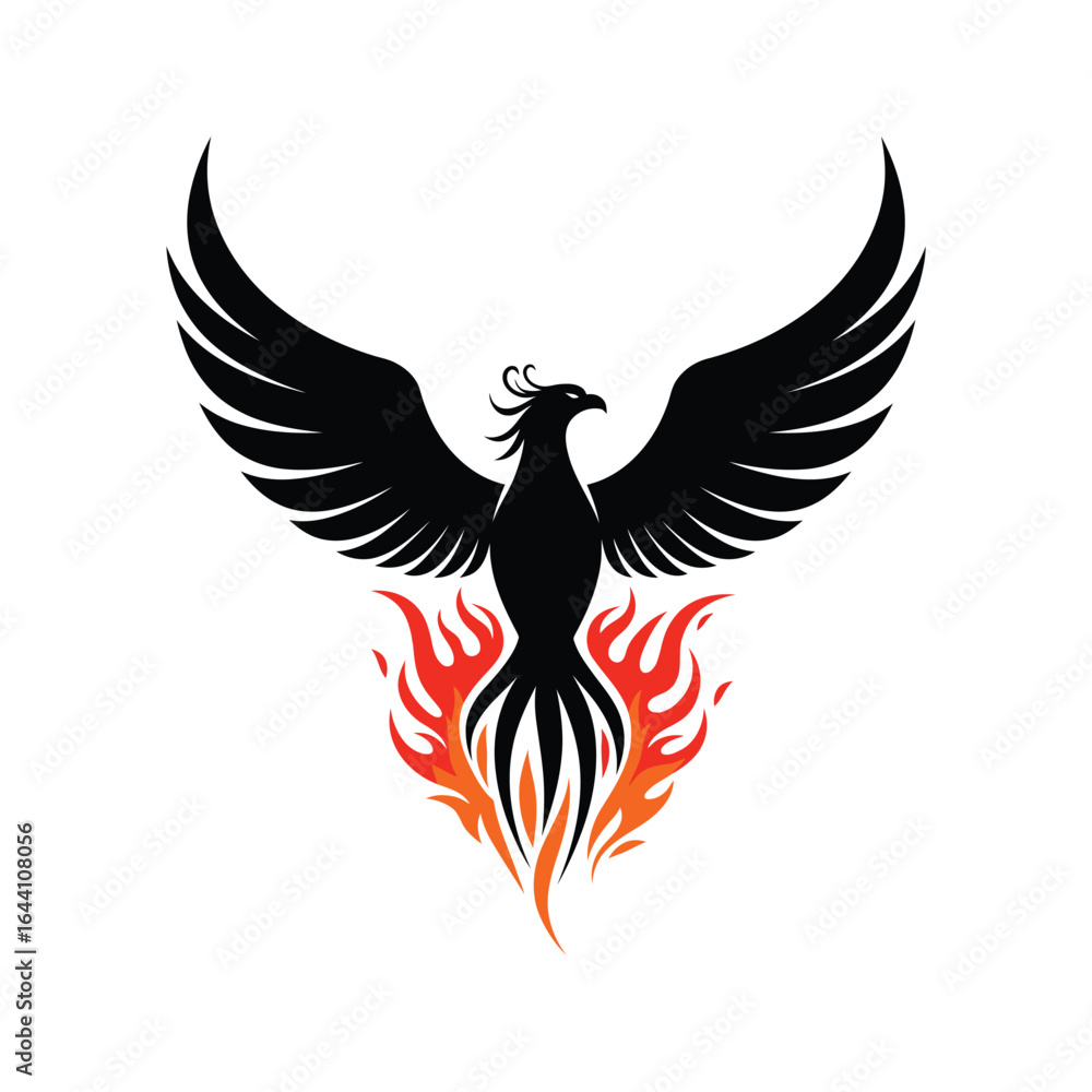 Obraz premium Black Phoenix Fire Bird Logo Fiery Wings Mythical Creature Vector Illustration Graphic Design Element