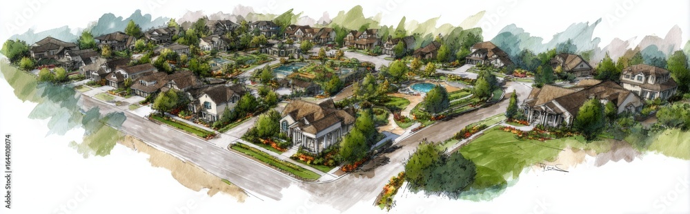 Fototapeta premium Residential community development showcasing various homes and green spaces in a suburban setting during daylight