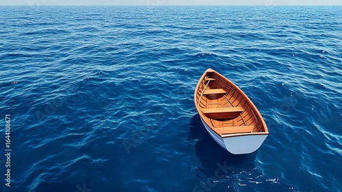 A solitary boat drifts in the vast, serene ocean with no land in sight, symbolizing solitude and adventure against a backdrop of endless water.
