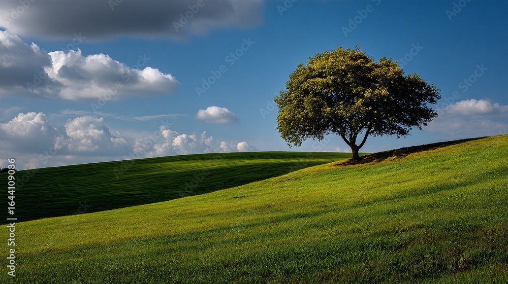 Obraz premium Lonely Green Tree on a Rolling Hill under a Blue Sky - Tranquil Landscape