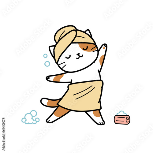 Cartoon cat enjoying a spa day with towel and bubbles  