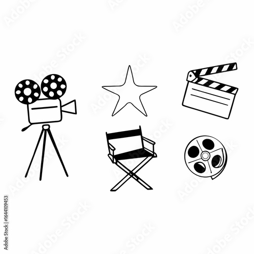 A collection of movie related icons including a camera directors chair and clapperboard perfect for film industry projects