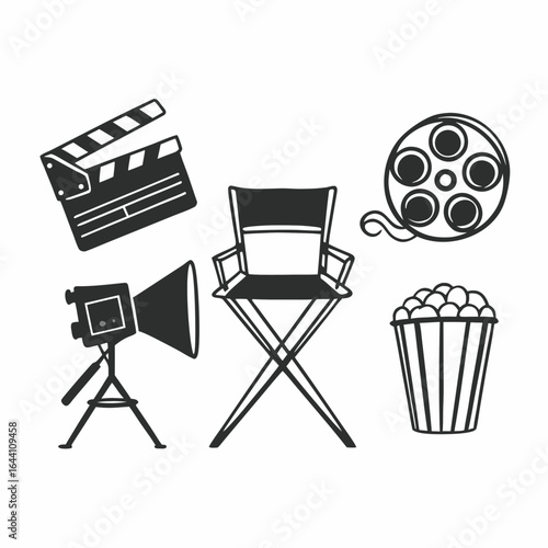 Illustration of movie and film industry elements including a directors chair, camera, and popcorn