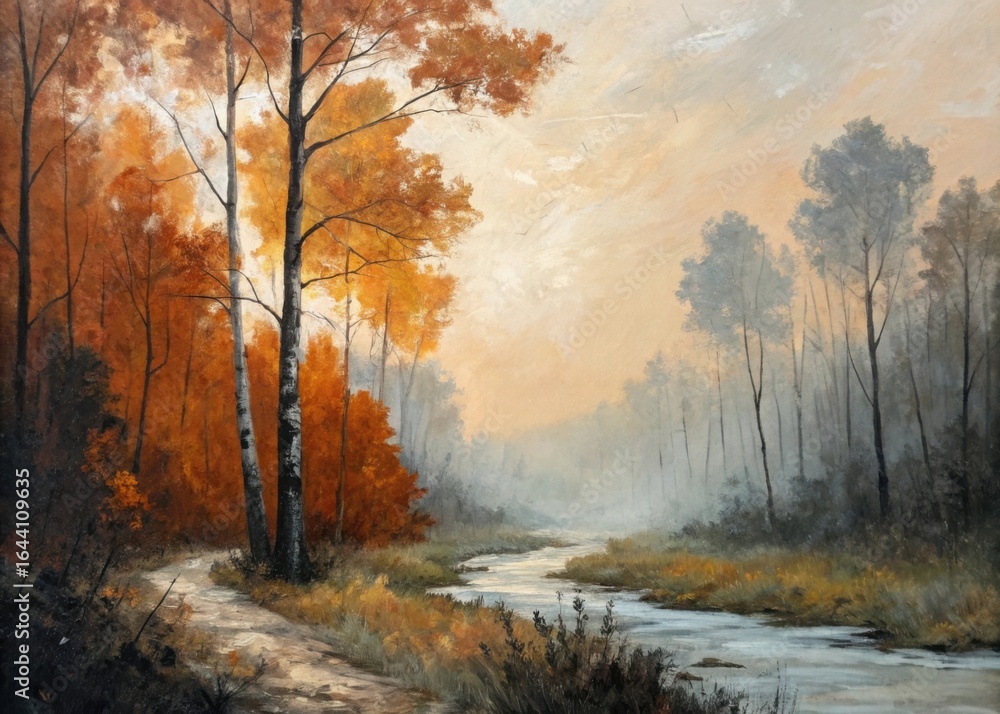 Fototapeta premium Autumn forest landscape with winding stream and misty background