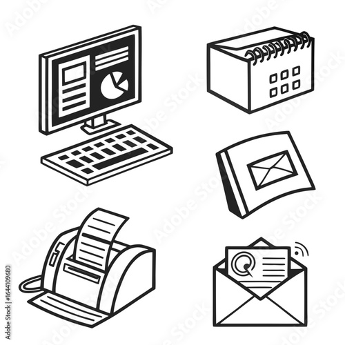 Isometric line art illustration featuring a computer calendar book printer and envelope for office communication