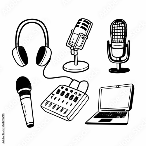 Illustration of podcasting equipment including microphones headphones and a laptop for recording audio content