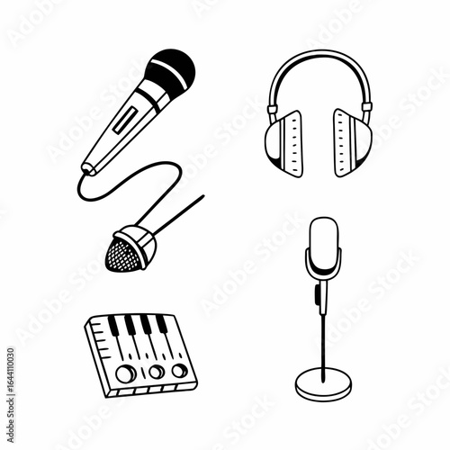 Illustration of various audio equipment including microphone headphone keyboard and microphone stand perfect for music production or podcasting