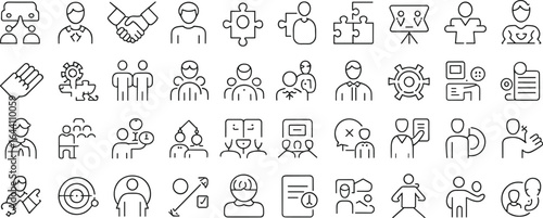 Business and Teamwork Icon Set – Collaboration, Meeting, Presentation, Partnership, Strategy, Agreement, Leadership, Discussion, Networking Vector