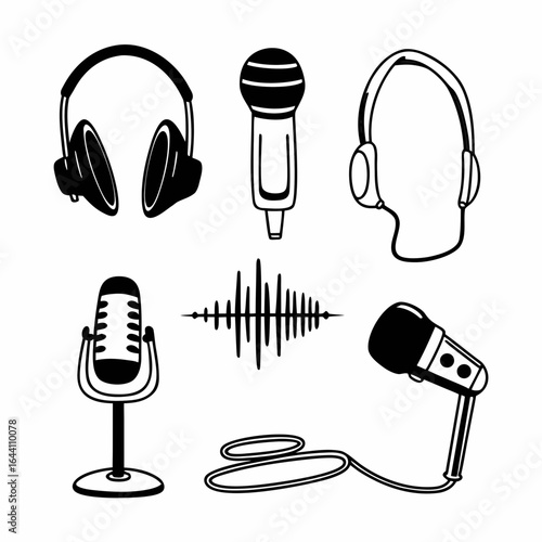 Illustration of various microphones and headphones representing audio recording and broadcasting equipment for studio use