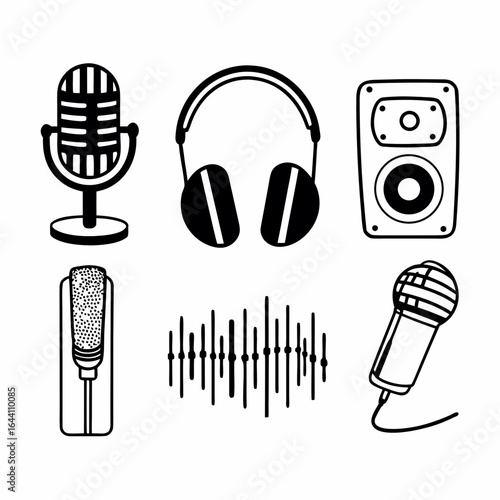 Illustration featuring a collection of audio equipment including microphones headphones and a speaker ideal for music production