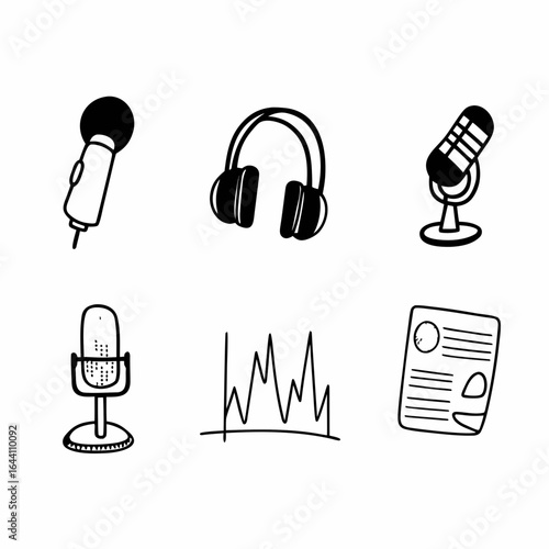 Illustration of microphones headphones waveform and report for podcasting and audio related content creation