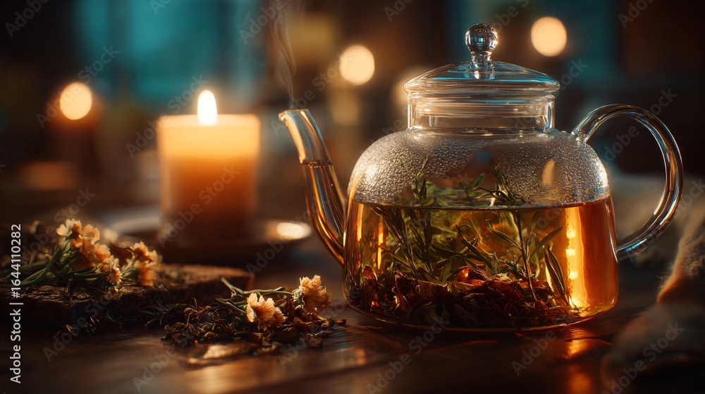 Fototapeta premium Tea steeping with herbs in glass pot, candlelight and warm tones