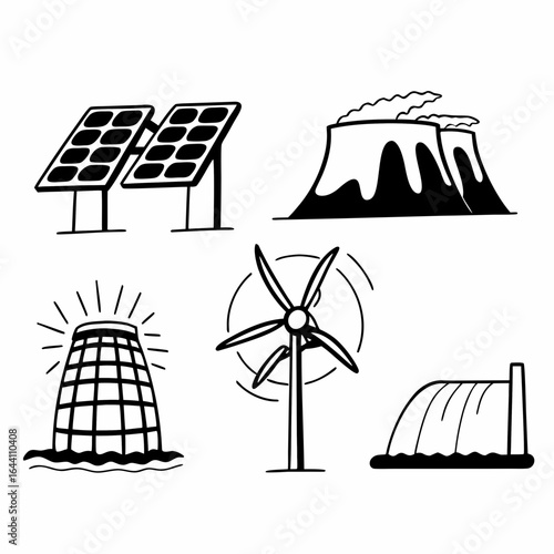 Illustration of renewable energy sources including solar panels, wind turbine, and hydroelectric dam isolated on white background