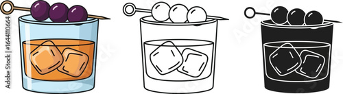 Old fashioned cocktail illustration with grape garnish set