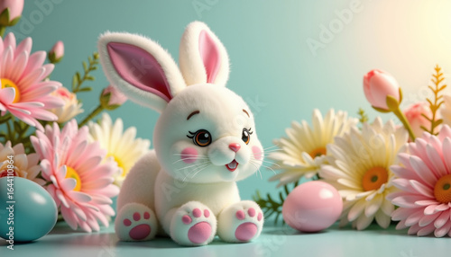 Cute Easter bunny figurine surrounded by pastel flowers and eggs.
