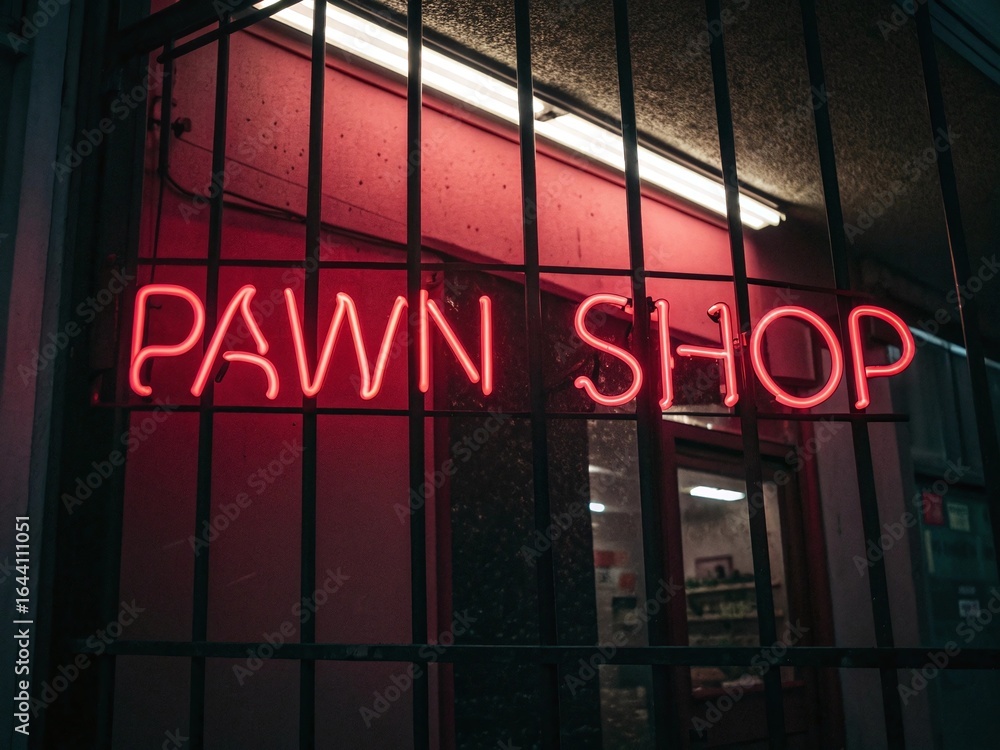 Obraz premium Pawn shop neon sign red light business loan money cash jewelry electronics buy