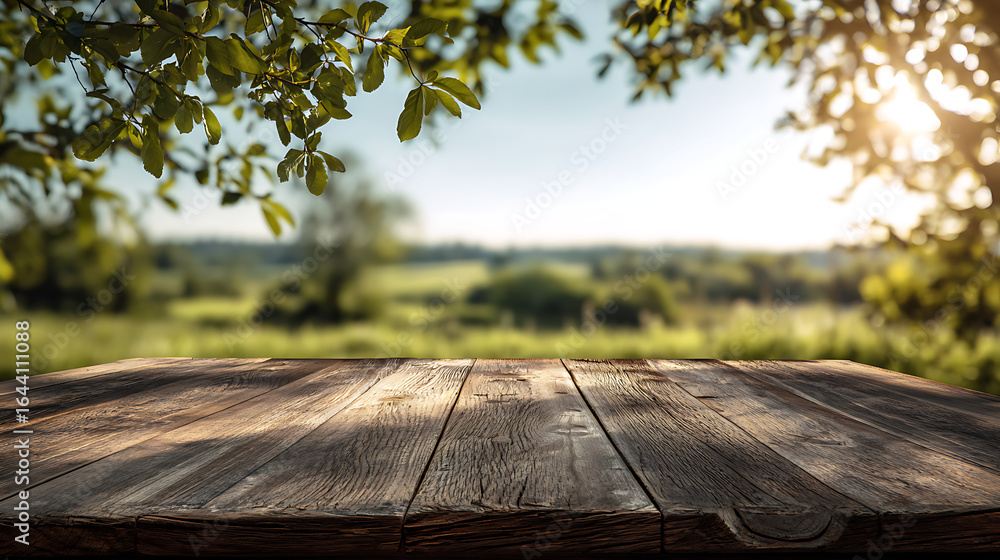 Fototapeta premium Rustic wooden table surface with dappled sunlight and green foliage overhead against a blurred landscape background