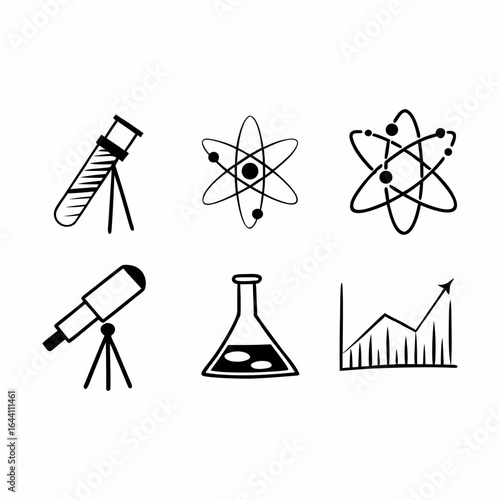 Science and research icons isolated on white background, including telescope, atom, beaker and graph