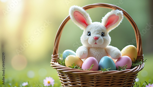 Soft toy easter bunny with colorful eggs in basket on grass outdoors 
