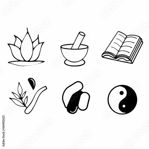 Collection of icons representing lotus, mortar, book, leaf, and yin yang isolated on white background