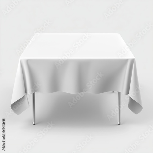 A plain white tablecloth covers a basic table, creating a clean and elegant dining atmosphere