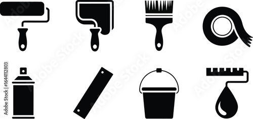 Wall painting and renovation supplies icon set. A collection of decorator's tools for home remodeling.


