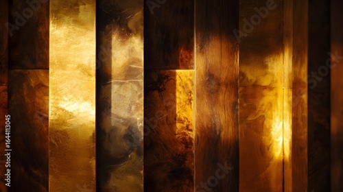 Detailed view of a wall with vertical golden and brown panels.