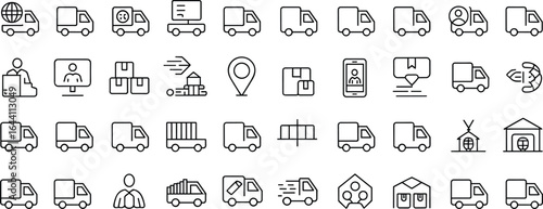 Delivery and logistics icon set – shipping, transportation, courier service, supply chain, parcel tracking, warehouse, freight, truck, location, route