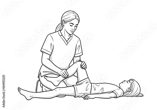 Physical therapist assessing a child's leg during a rehabilitation session, focusing on recovery and care, sketch style