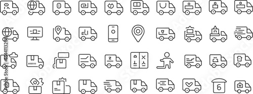 Delivery and logistics line icon set including shipping trucks, packages, tracking, express delivery, courier services, route maps, and warehouses
