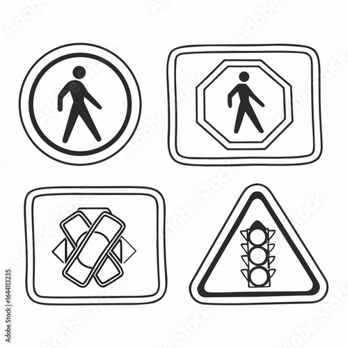 Illustration of pedestrian crossing and traffic signs isolated on white background