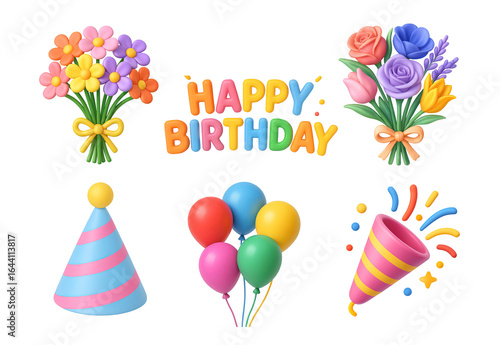 Birthday balloons confetti party hat flowers in 3D illustration on black. Bright birthday lettering. Playful render for celebration.