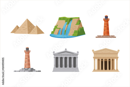 Mixed urban landmark icon set, buildings stadiums monuments vector, city travel illustration, architecture tourism clipart, design asset collection