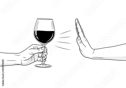 Hand rejecting a glass of red wine, symbolizing refusal or moderation, sketch style